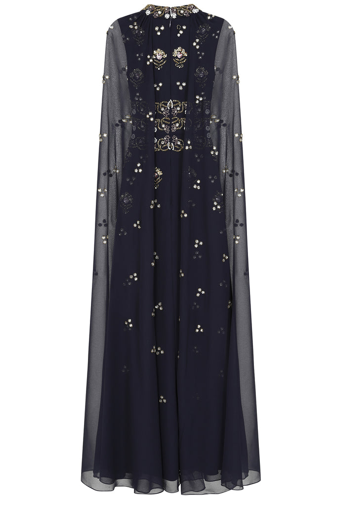 Zarna Navy Embellished Maxi Dress with Cape Sleeves – Frock and Frill