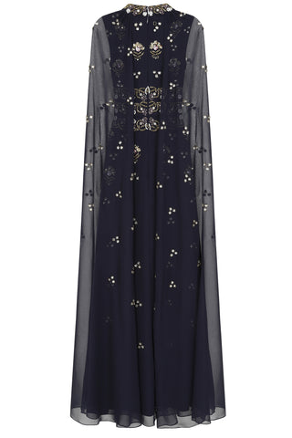 Zadie Navy Gold Embellished Cape Maxi Dress