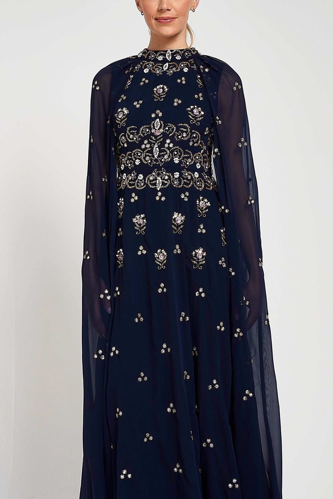 Zarna Embellished Maxi Dress with Cape Sleeves - Navy