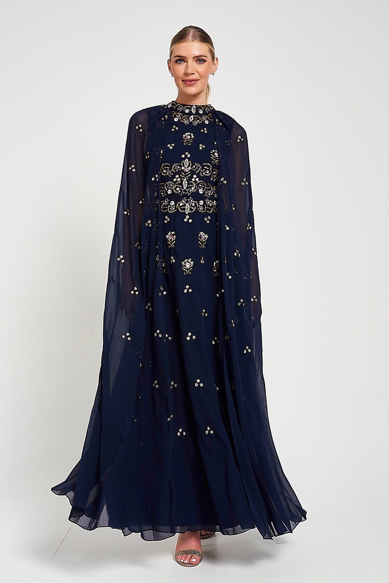 Zarna Embellished Maxi Dress with Cape Sleeves - Navy