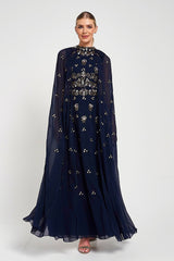 Zarna Embellished Maxi Dress with Cape Sleeves - Navy