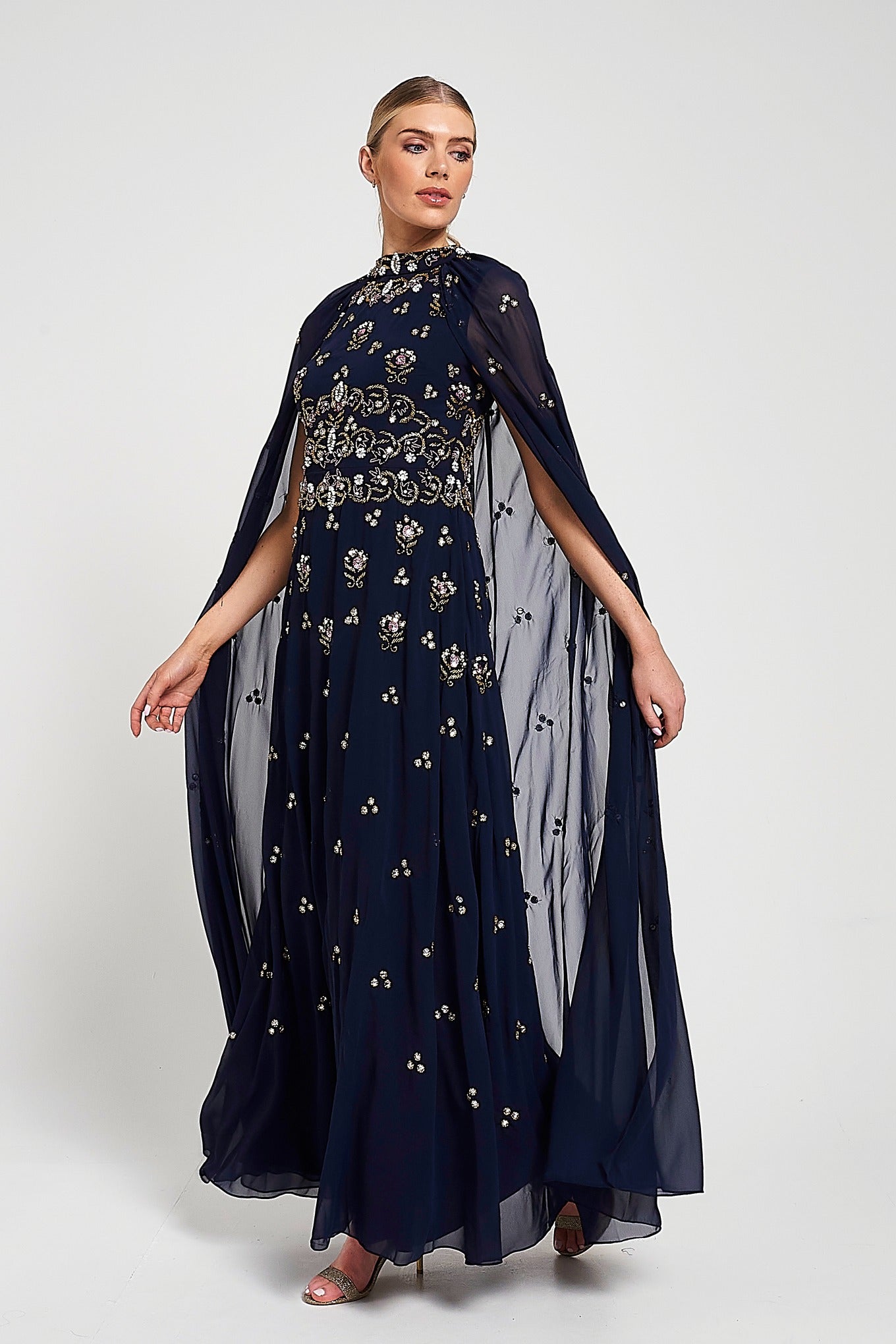 Zarna Navy Embellished Maxi Dress with Cape Sleeves – Frock and Frill