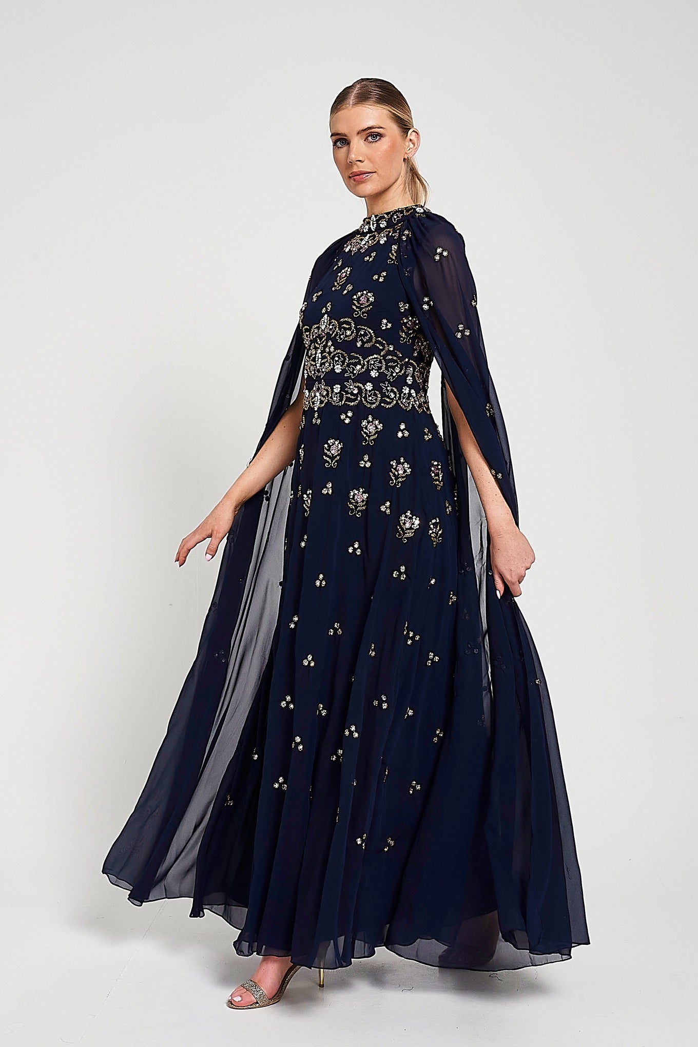 Zarna Embellished Maxi Dress with Cape Sleeves - Navy