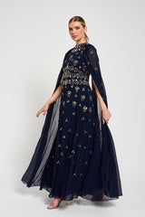 Zarna Embellished Maxi Dress with Cape Sleeves - Navy