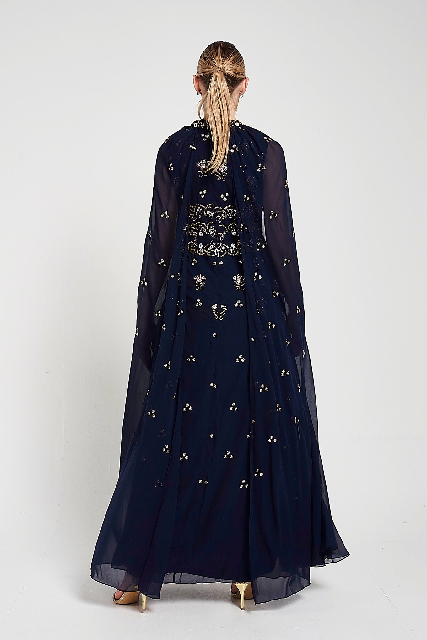Zarna Embellished Maxi Dress with Cape Sleeves - Navy