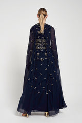 Zarna Embellished Maxi Dress with Cape Sleeves - Navy