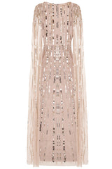 Zillah Nude Gold Embellished Cape Sleeve Maxi Dress