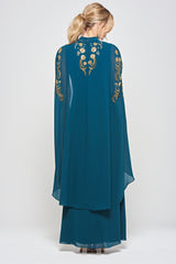 Zinnia dark green embellished cape sleeve maxi dress with high neckline and flowing floor-length skirt, elegant modest evening gown for weddings and formal occasions.