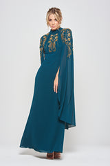 Zinnia dark green embellished cape sleeve maxi dress with high neckline and flowing floor-length skirt, elegant modest evening gown for weddings and formal occasions.
