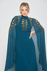 Zinnia dark green embellished cape sleeve maxi dress with high neckline and flowing floor-length skirt, elegant modest evening gown for weddings and formal occasions.