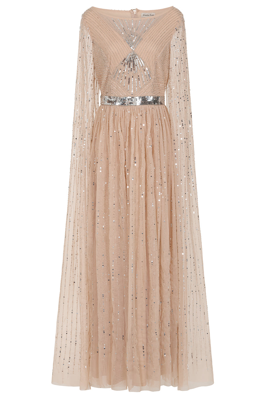 Morgan Gold Sequin Cape Sleeve Maxi Dress