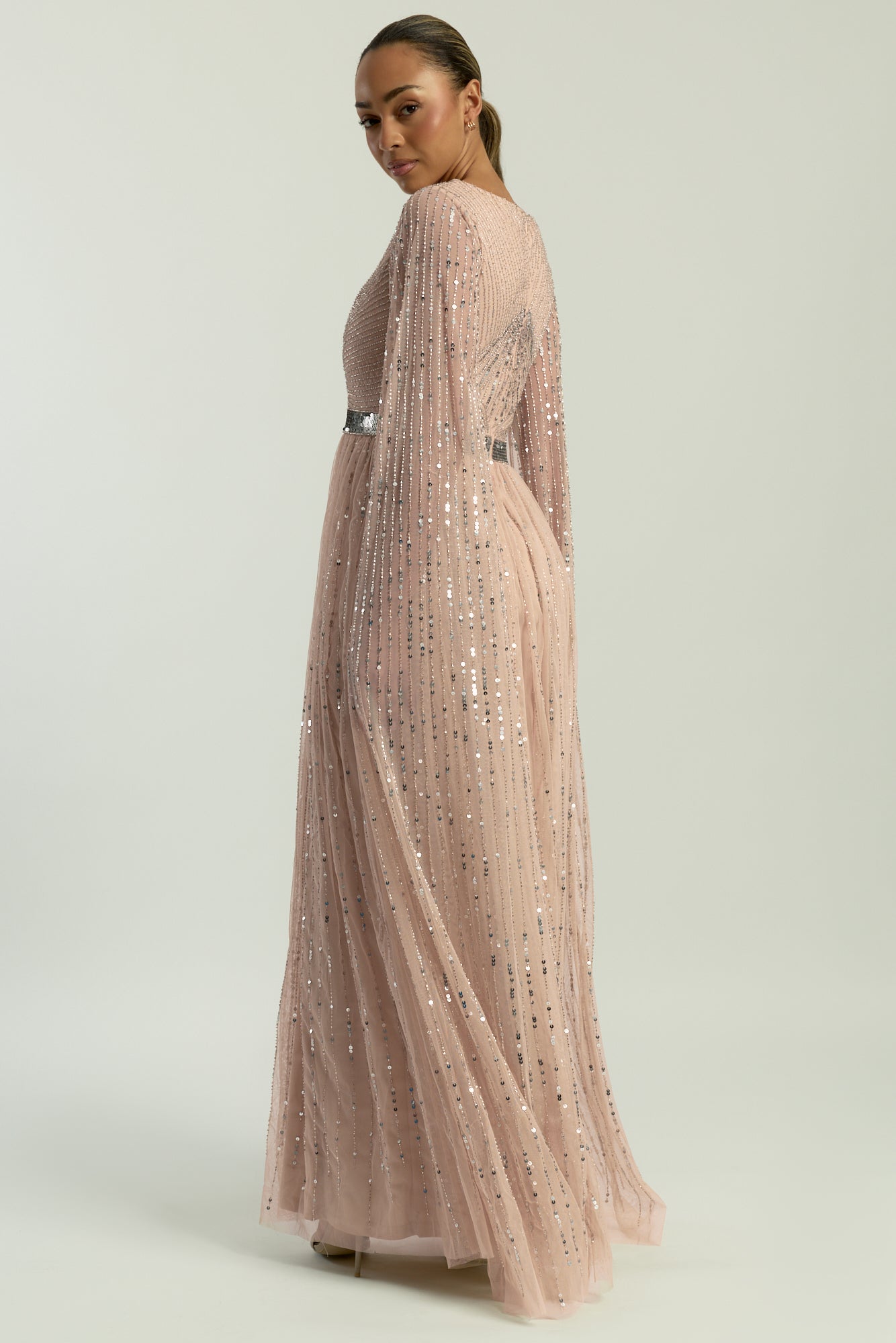 gold sequin cape dress Long Fitted Formal Beaded Fringe Cape Dress