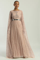 Morgan Gold Sequin Cape Sleeve Maxi Dress