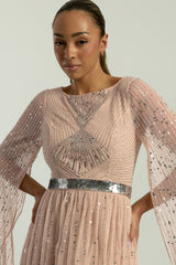 Morgan Gold Sequin Cape Sleeve Maxi Dress