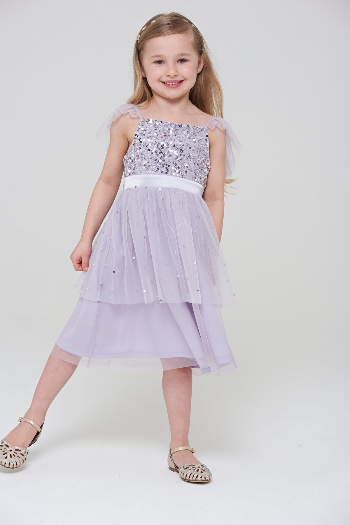 Honey Light Purple Sequin Ruffle Dress with Satin Bow