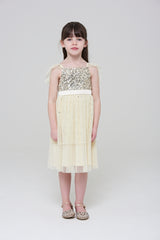 Honey Light Yellow Sequin Ruffle Dress with Satin Bow