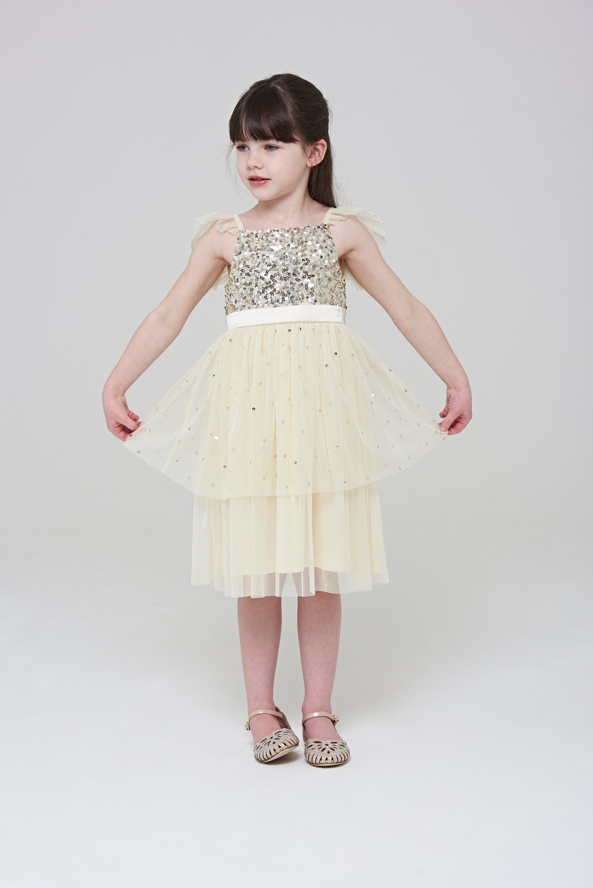 Honey Light Yellow Sequin Ruffle Dress with Satin Bow