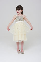 Honey Light Yellow Sequin Ruffle Dress with Satin Bow