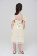 Honey Light Yellow Sequin Ruffle Dress with Satin Bow