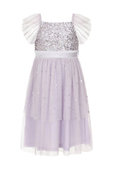 Honey Light Purple Sequin Ruffle Dress with Satin Bow