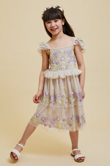 Myla Crystal Grey Floral Embroidered Dress with Tiered Skirt