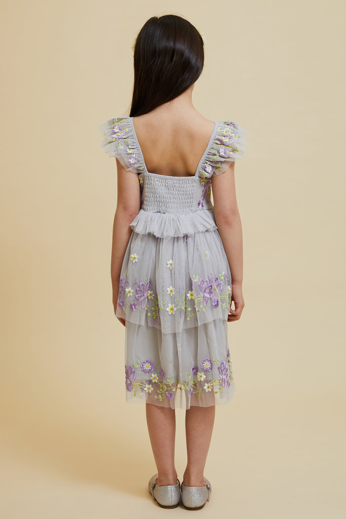Myla Vapour Blue Floral Embroidered Dress with Tiered Skirt