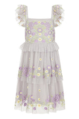 Myla Vapour Blue Floral Embroidered Dress with Tiered Skirt