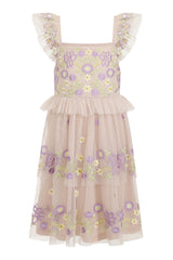 Myla Crystal Grey Floral Embroidered Dress with Tiered Skirt