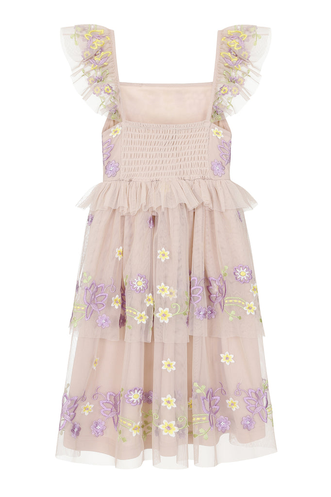 Myla Crystal Grey Floral Embroidered Dress with Tiered Skirt