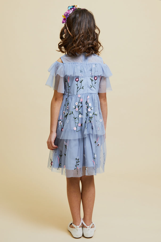 Arlette Blue Floral Embroidered Dress