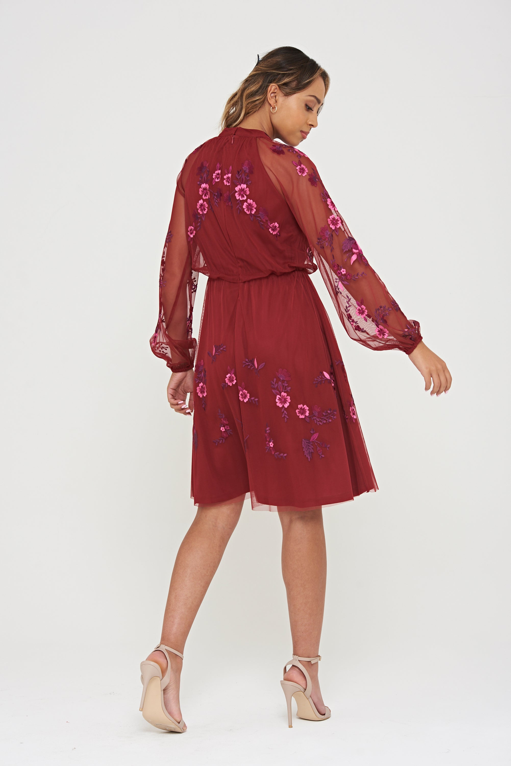 Acashia Embroidered Skater Dress - Burgundy