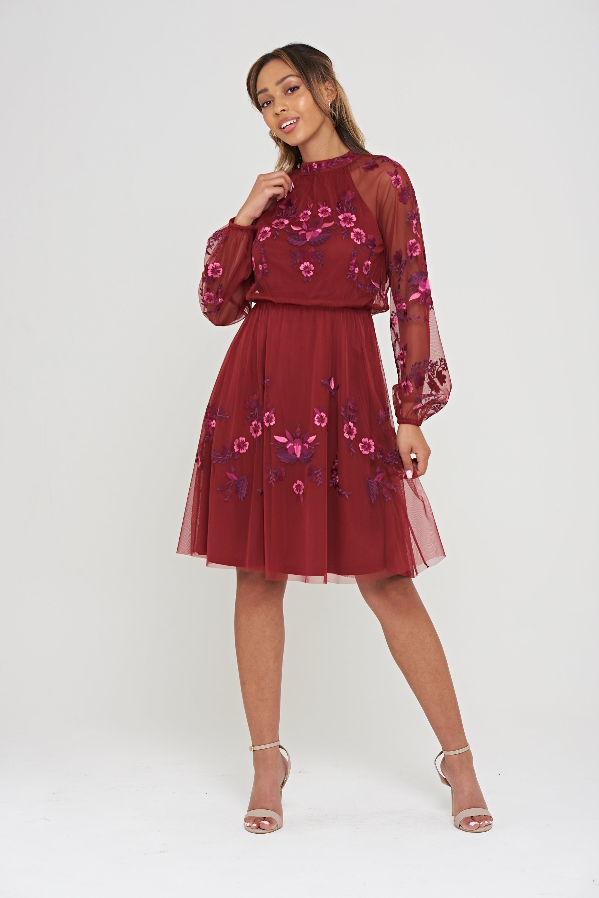 Acashia Embroidered Skater Dress - Burgundy