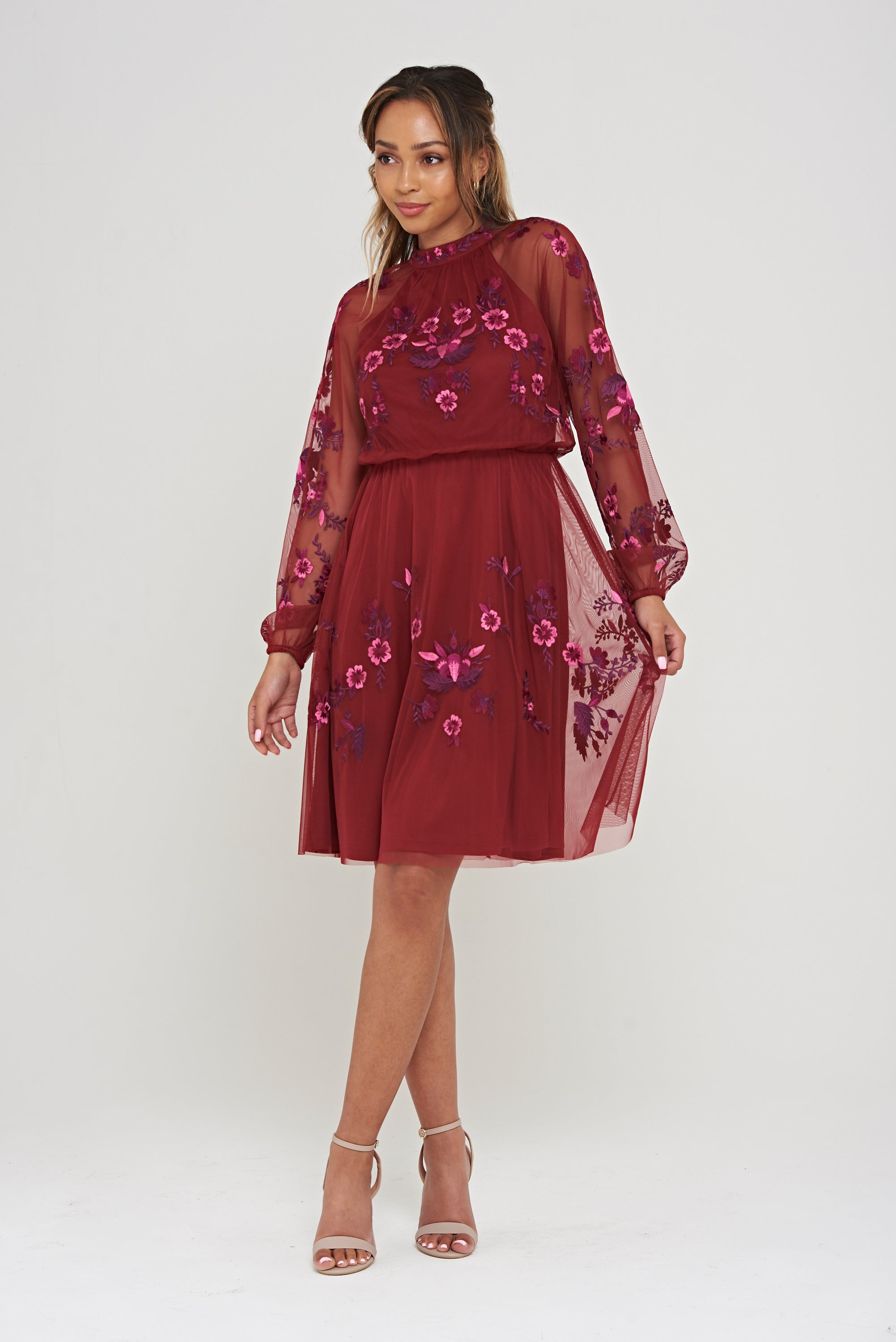 Acashia Embroidered Skater Dress - Burgundy