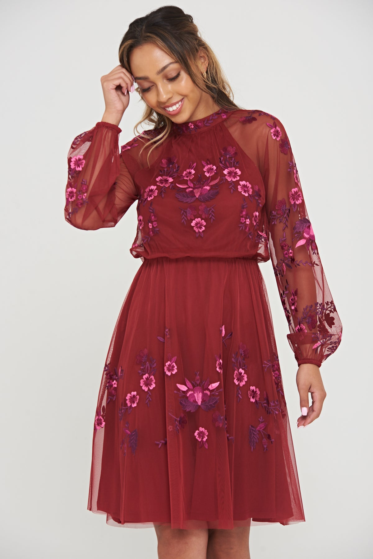 Acashia Embroidered Skater Dress - Burgundy