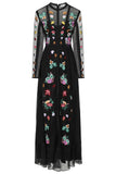 Aconite Black Embroidered Maxi Dress with Lace Panels