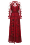 Aconite Red Embroidered Maxi Dress with Lace Panels