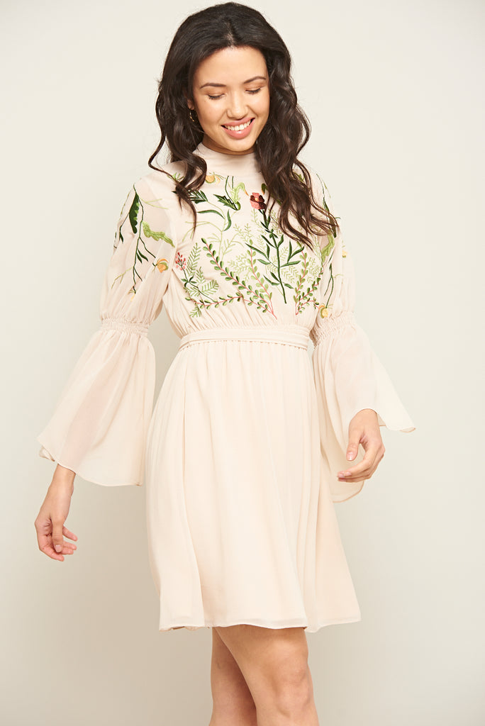 Amadea Embroidered Mini Dress with Flared Sleeves