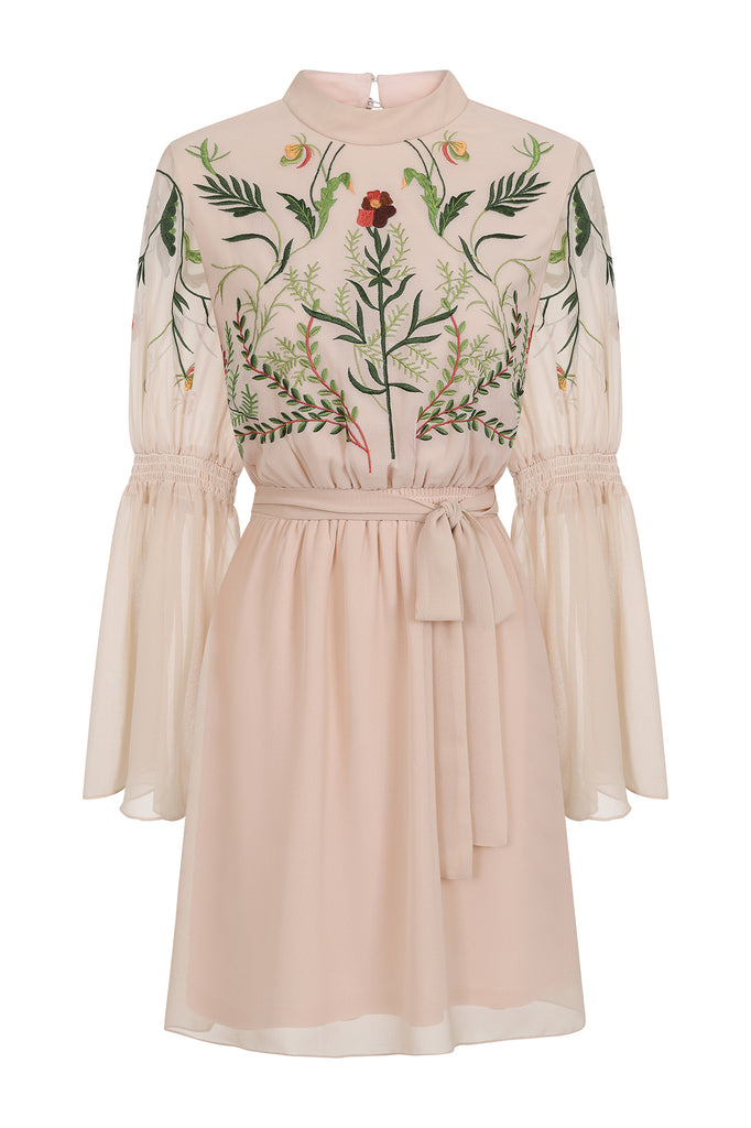 Amadea Embroidered Mini Dress with Flared Sleeves