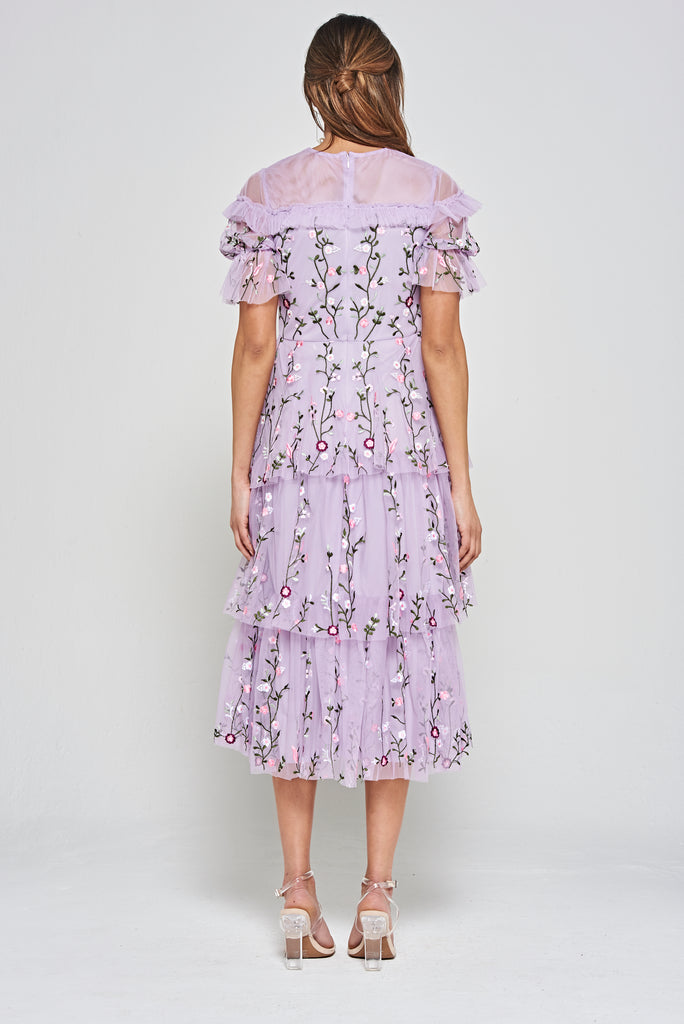 Arden Lilac Floral Embroidered Midi Dress – Frock and Frill