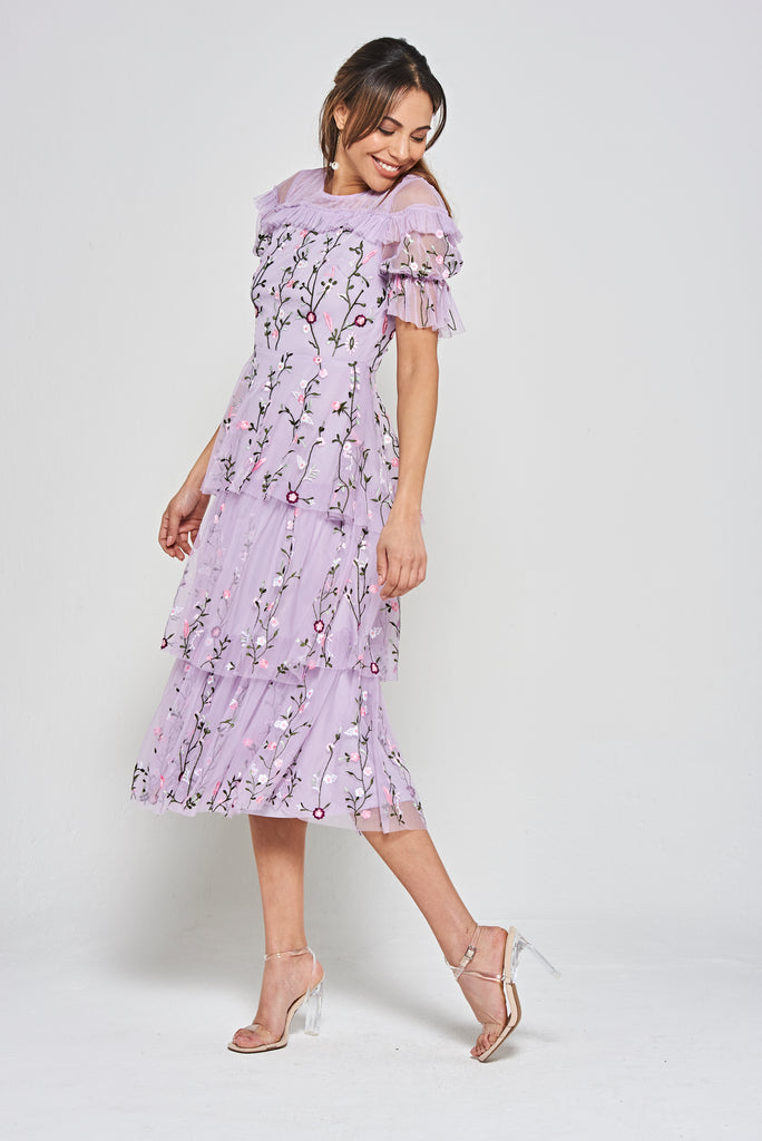 Arden Lilac Floral Embroidered Midi Dress – Frock and Frill