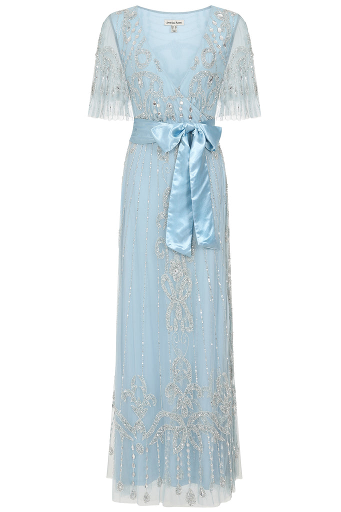 Audrey Blue Embellished Wrap Front Maxi Dress – Frock and Frill