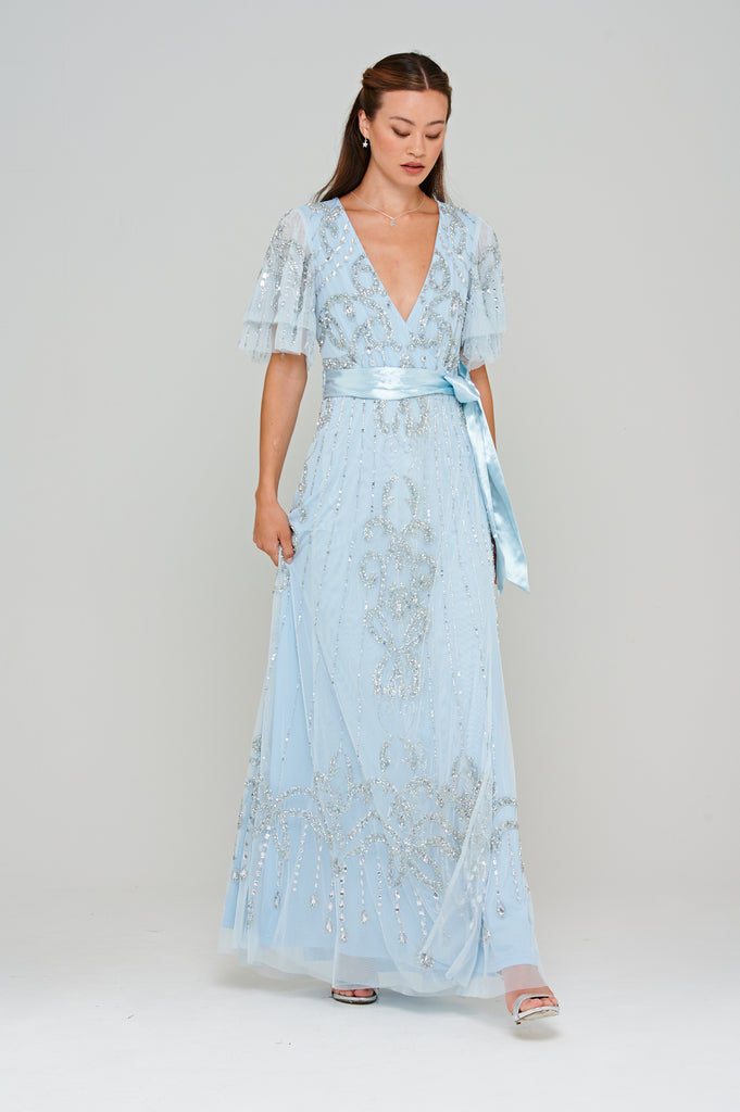 Audrey Blue Embellished Wrap Front Maxi Dress