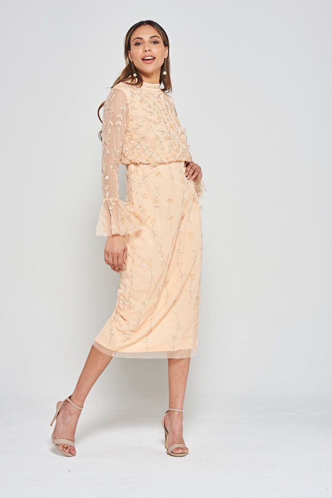 Ava Sequin Midi Dress in Almond