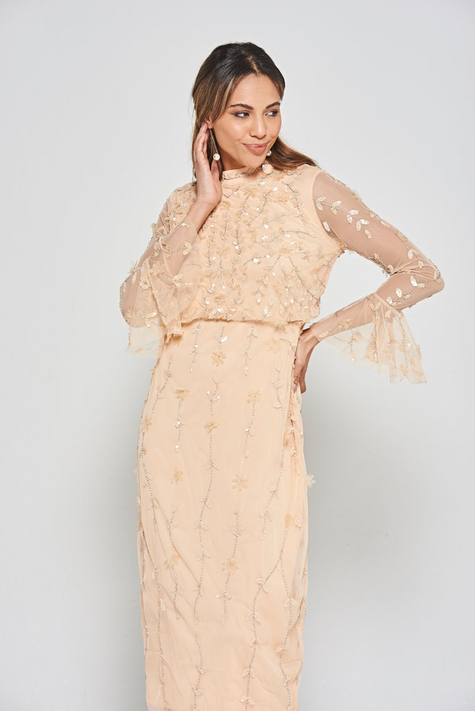 Ava Sequin Midi Dress in Almond
