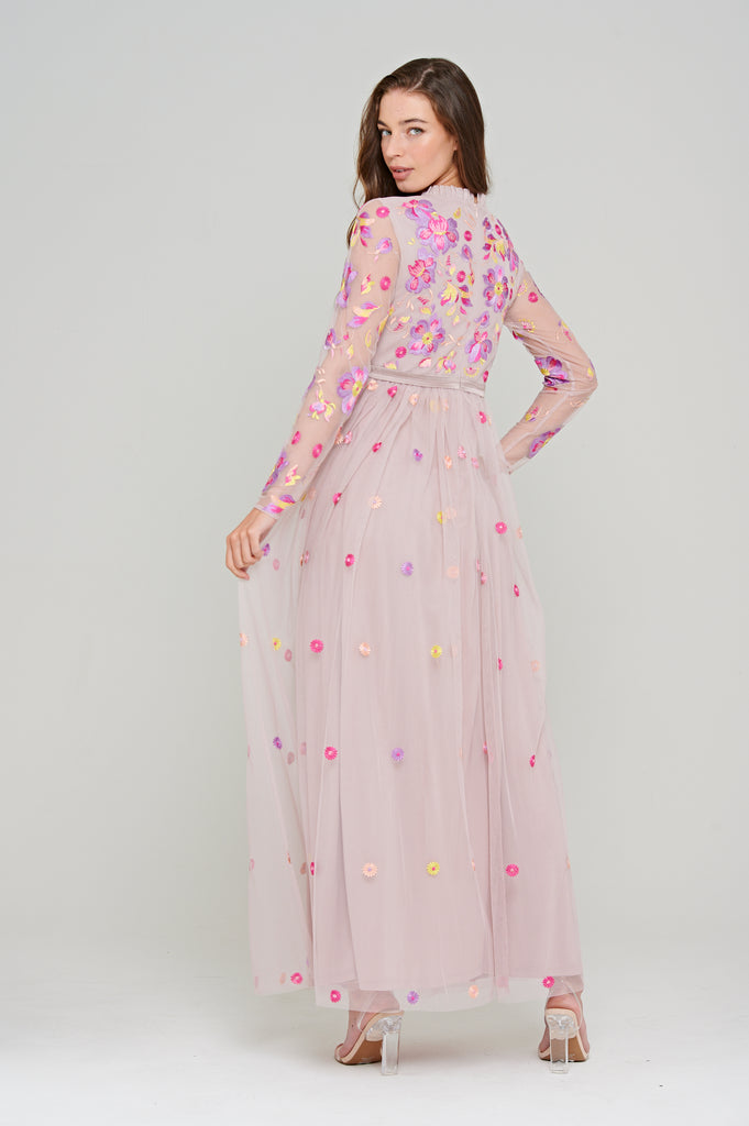 Cassia Floral Embroidered Maxi Dress in Blush Rose