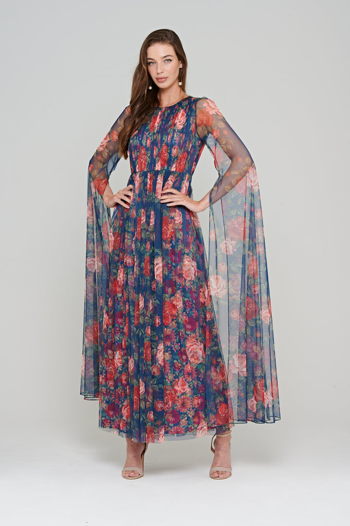 Charlotte Layered Floral Print Maxi Dress in Navy