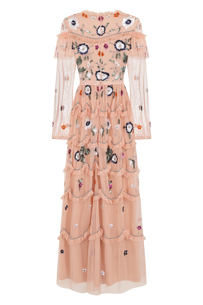 Cherelle Ruffled Maxi Dress with Floral Embellishment