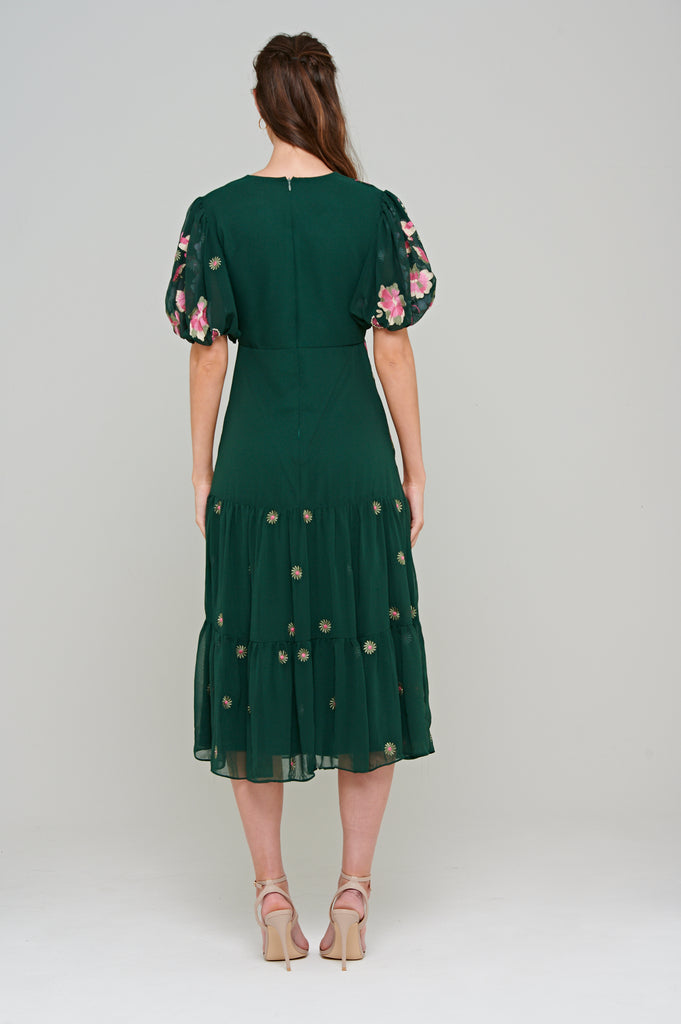 Comfrey Floral Midi Dress in Dark Cedar Green 