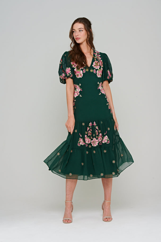Comfrey Floral Midi Dress in Dark Cedar Green 