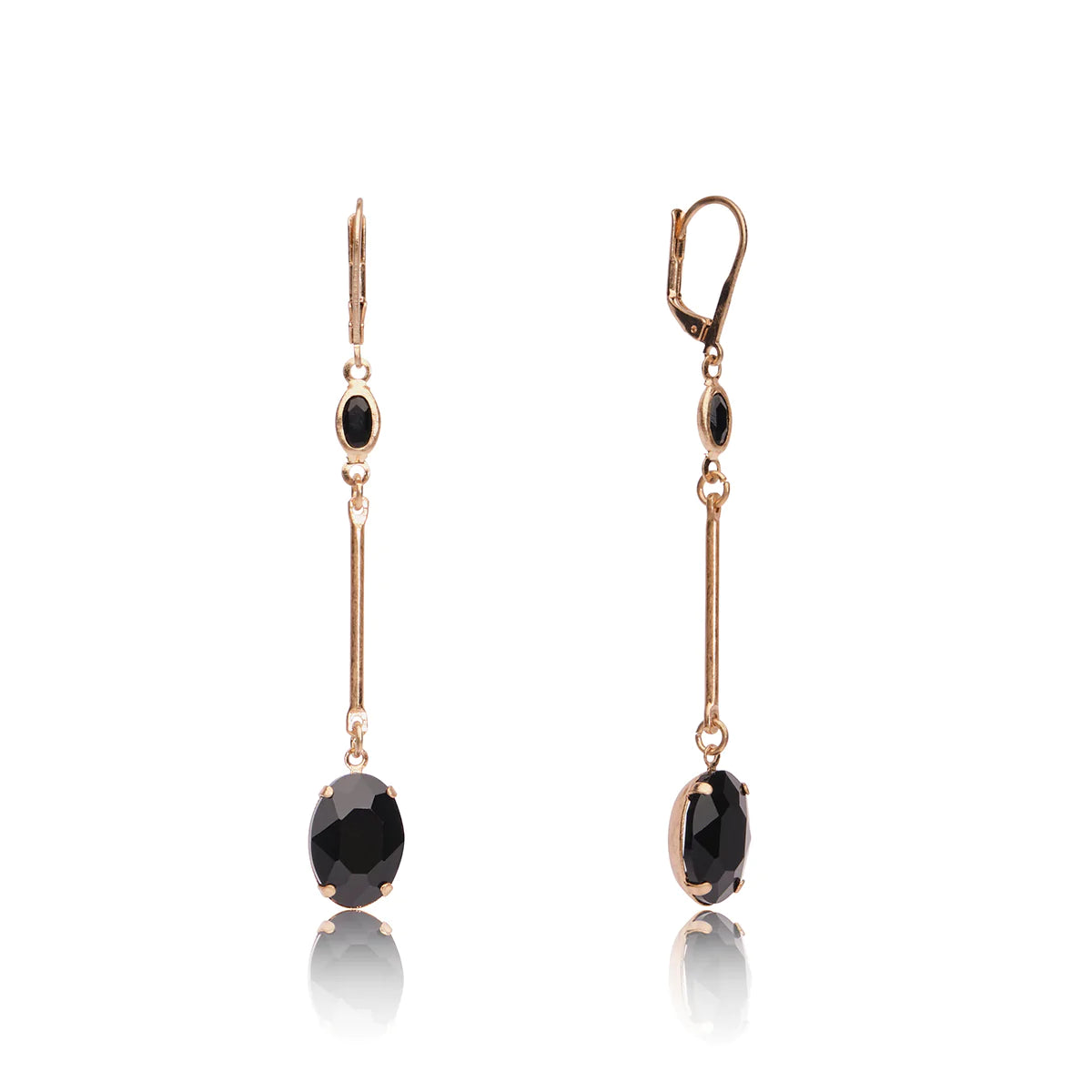 Jet Black Oval Stone Long Bar Drop Earrings